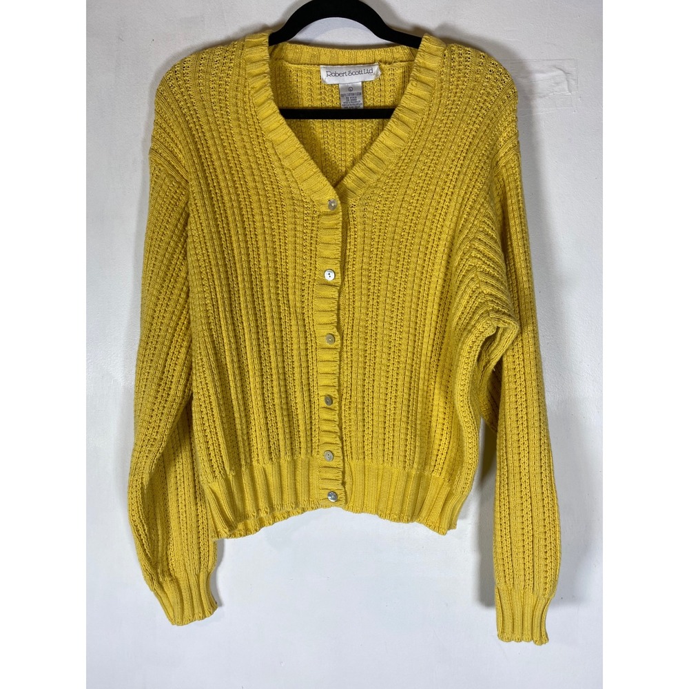 Robert Scott Ltd Yellow Rib Knit Button Front Cropped Cardigan Sweater Large